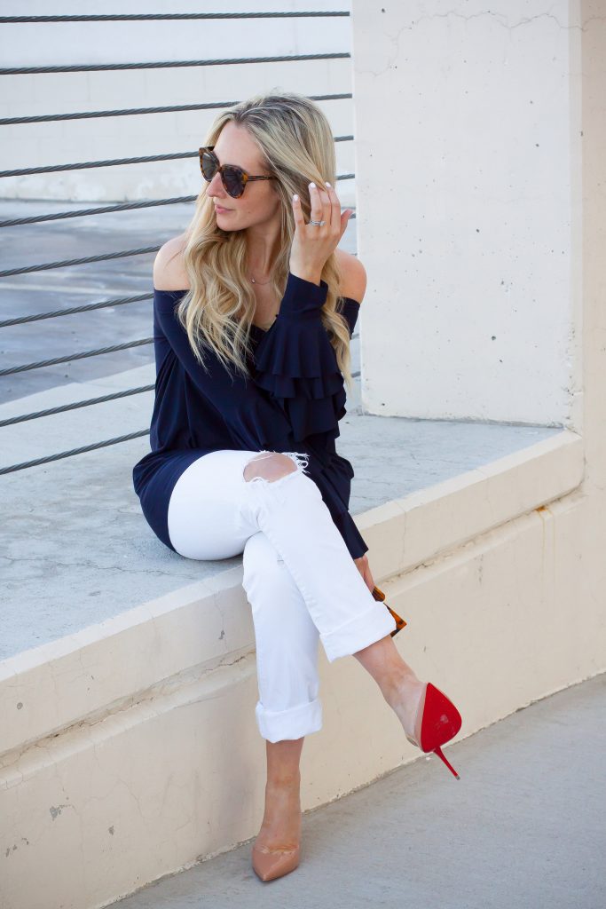 Emily Wieczorek of Two Peas in a Prada wearing KamaliKulture and Louboutins, red, white and blue, nautical chic