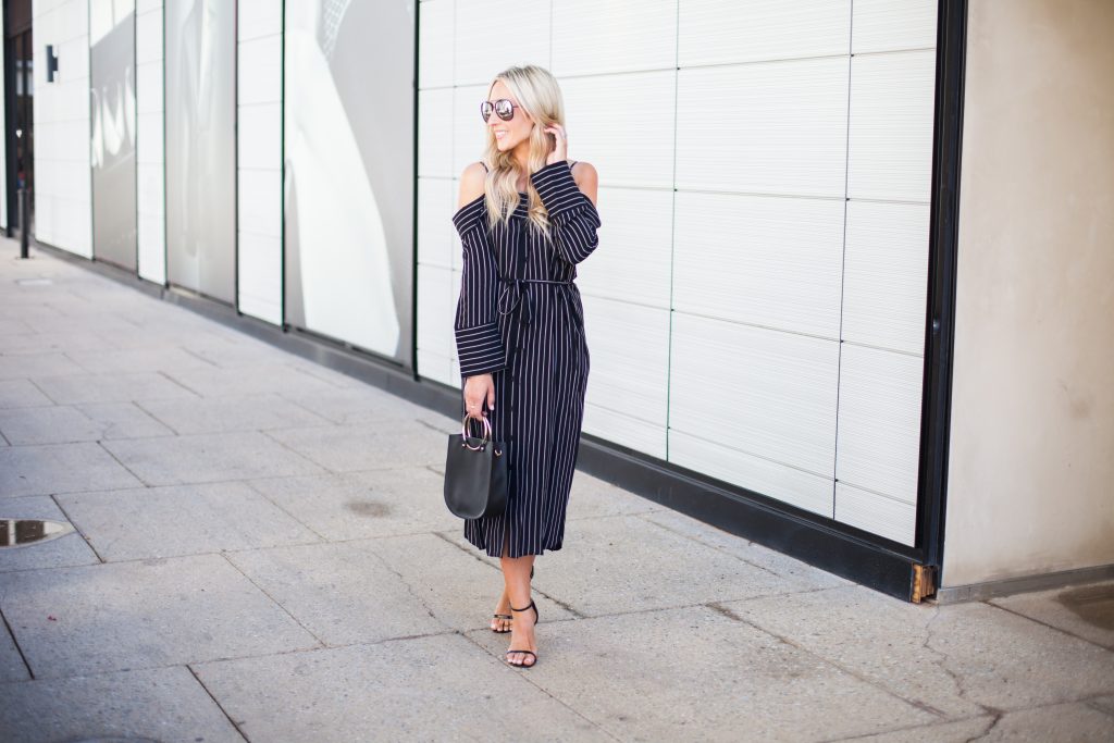 Emily Farren Wieczorek of Two Peas in a Prada wears a topshop cold shoulder dress and talks about office style and work wear from Nordstrom.