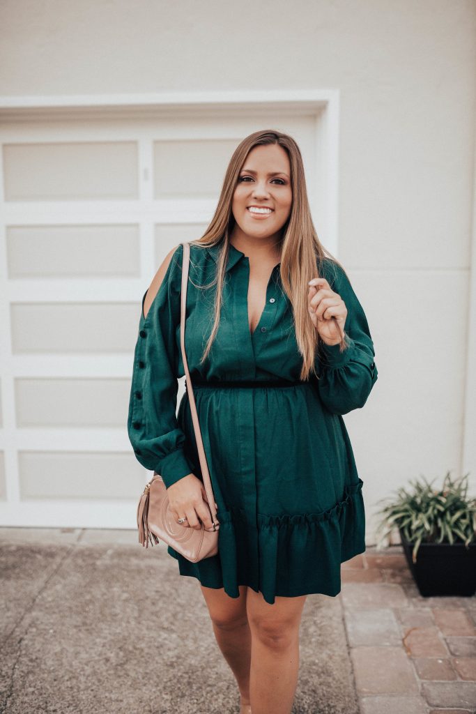 Ashley Zeal from Two Peas in a Prada shares her top pick for the perfect holiday dress. She is wearing an Eliza J dress from Nordstrom. 
