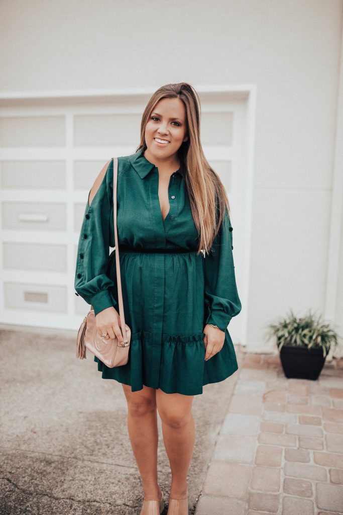 Ashley Zeal from Two Peas in a Prada shares her top pick for the perfect holiday dress. She is wearing an Eliza J dress from Nordstrom. 