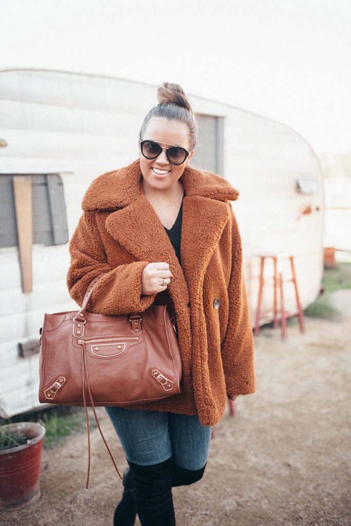 Ashley Zeal from Two Peas in a Prada shares her favorite winter trend: teddy coat. She is wearing the Free People Teddy Peacoat. 