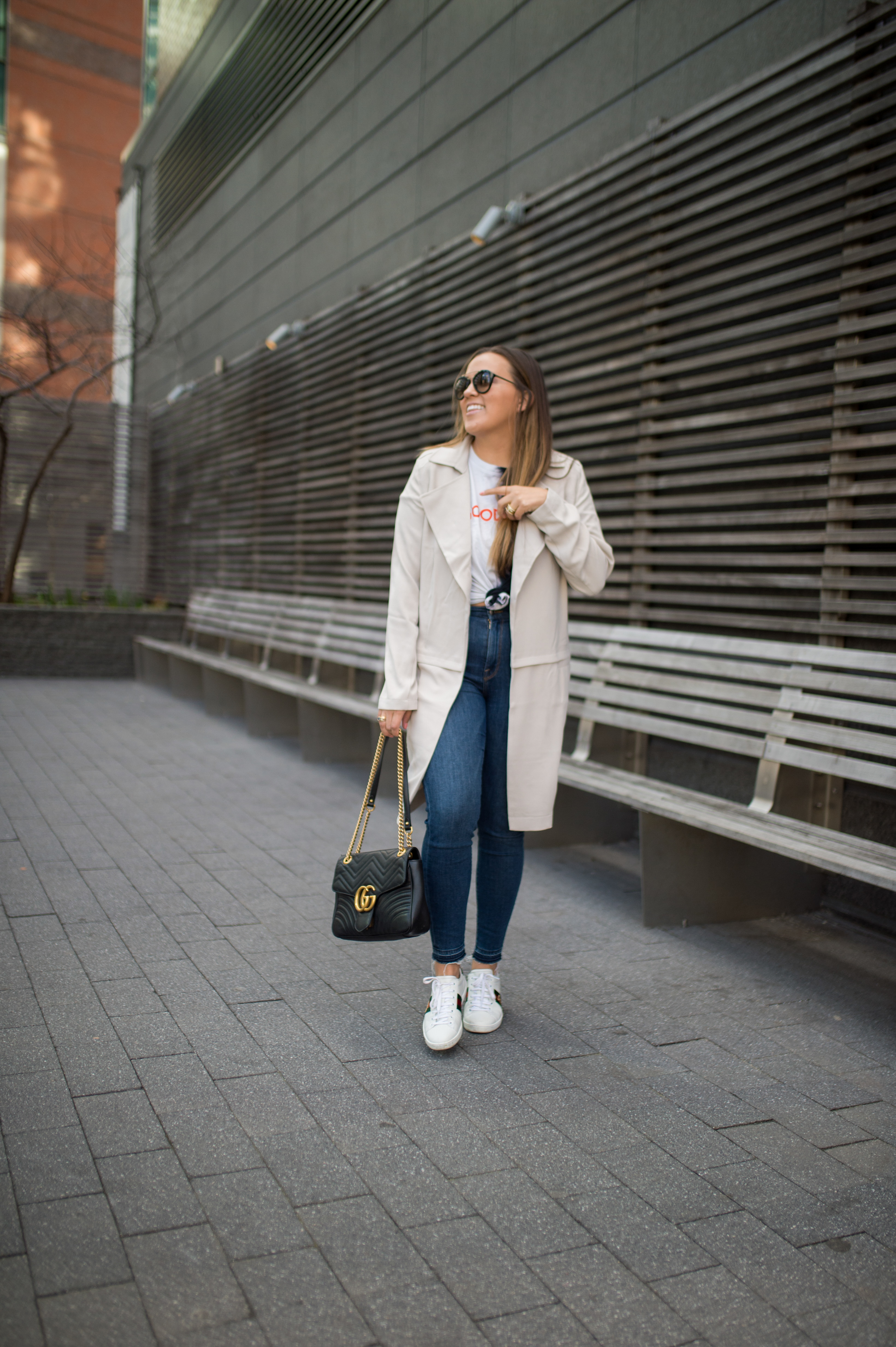 Ashley Zeal from Two Peas in a Prada wears a Good Mood tee and talks about beating the Monday Blues. She is wearing a soft trench from Nordstrom. 