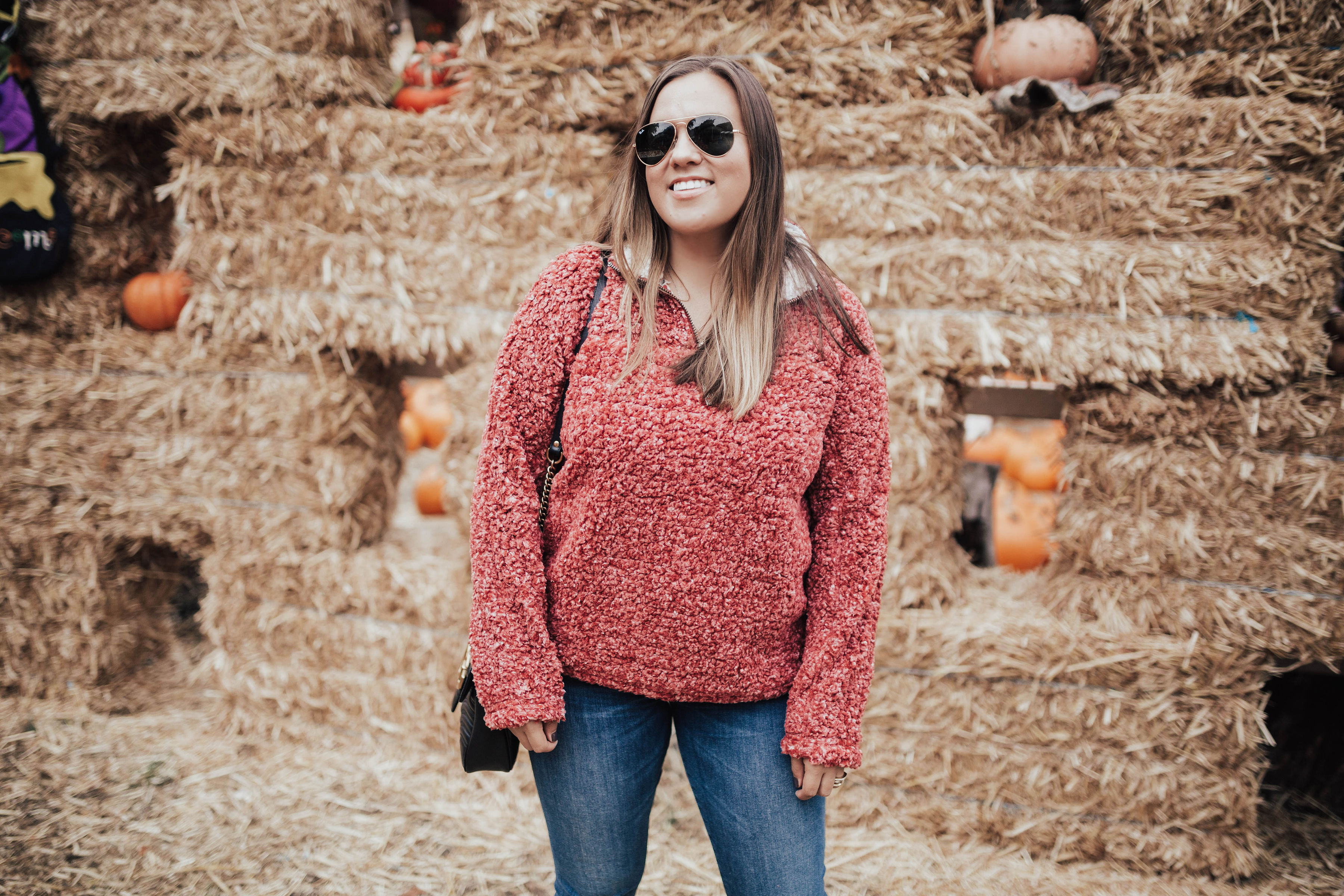 Ashley Zeal from Two Peas in a Prada shares her fall bucket list. She is wearing a Dylan by True Grit stadium pullover from Zappos. 
