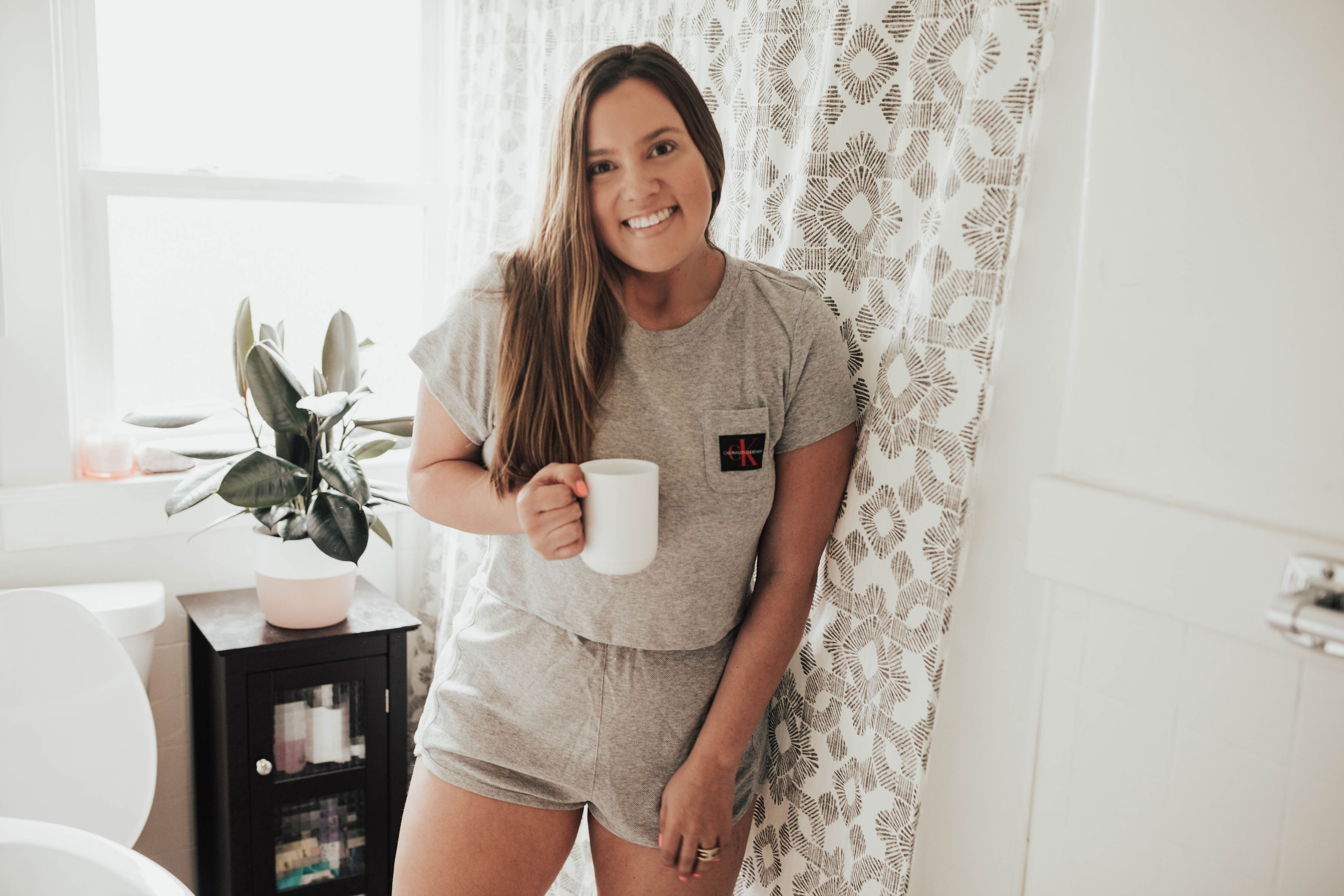 San Francisco blogger, Ashley Zeal, from Two Peas in a Prada shares her morning routine. She is wearing a Calvin Klein set from Zappos. 